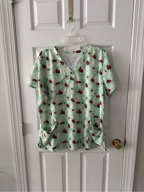Daisy & Ladybug & Watermelon Print Scrub Top - Mint Green, Pink, white, red